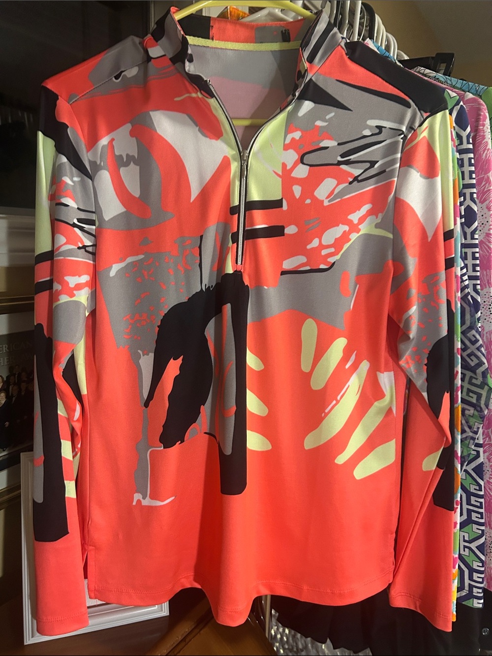 Women's Long Sleeve Zip-Front Active Top - Neon Coral Print